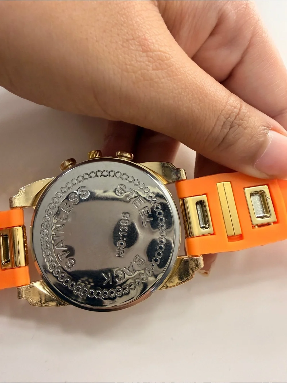 Gold Tone Quartz Analog Chronograph Multi-Dial Watch Orange Silicone Strap